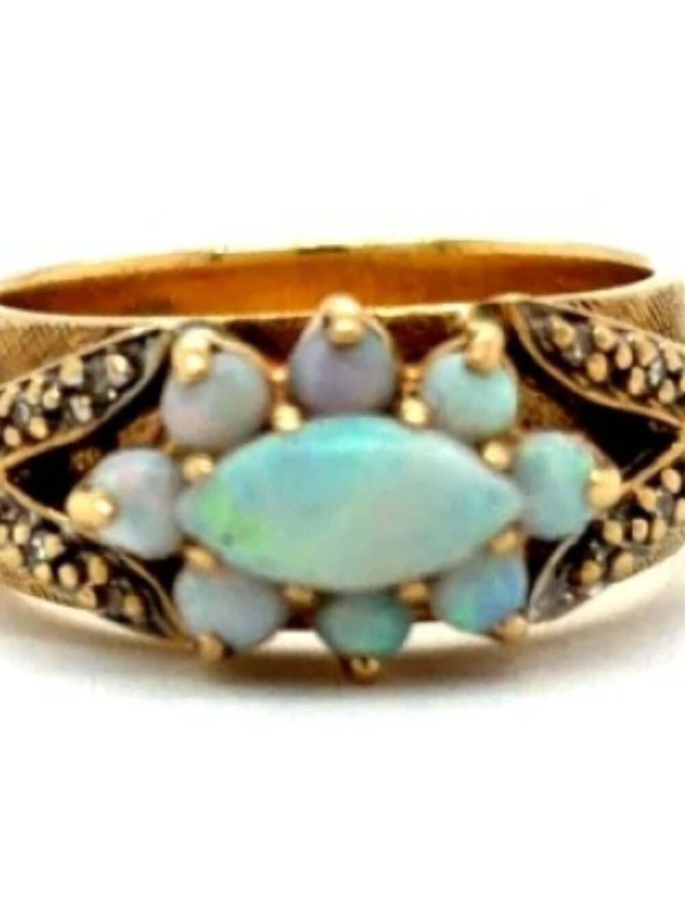 14K Opal Diamond Engagement Florentine Solid Yellow Gold 5 Ring